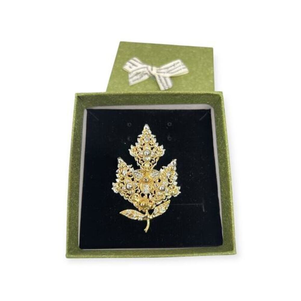 Handmade Gold/Silver Tone Filigree Floral/Leaf Accents Brooch New with Gift Box